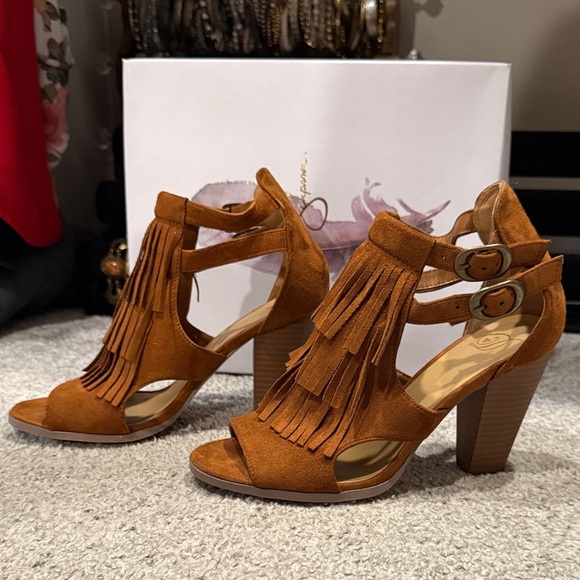 Shoes - Brown Fringe Heeled Sandals 7.5